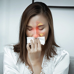 Sinus illustration on woman holding tissue to her nose